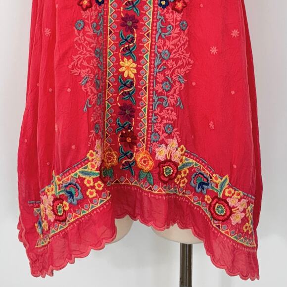 Johnny Was Mikones Embroidered Tunic Top Short Sleeve in Red/Coral Boho S - Picture 2 of 10